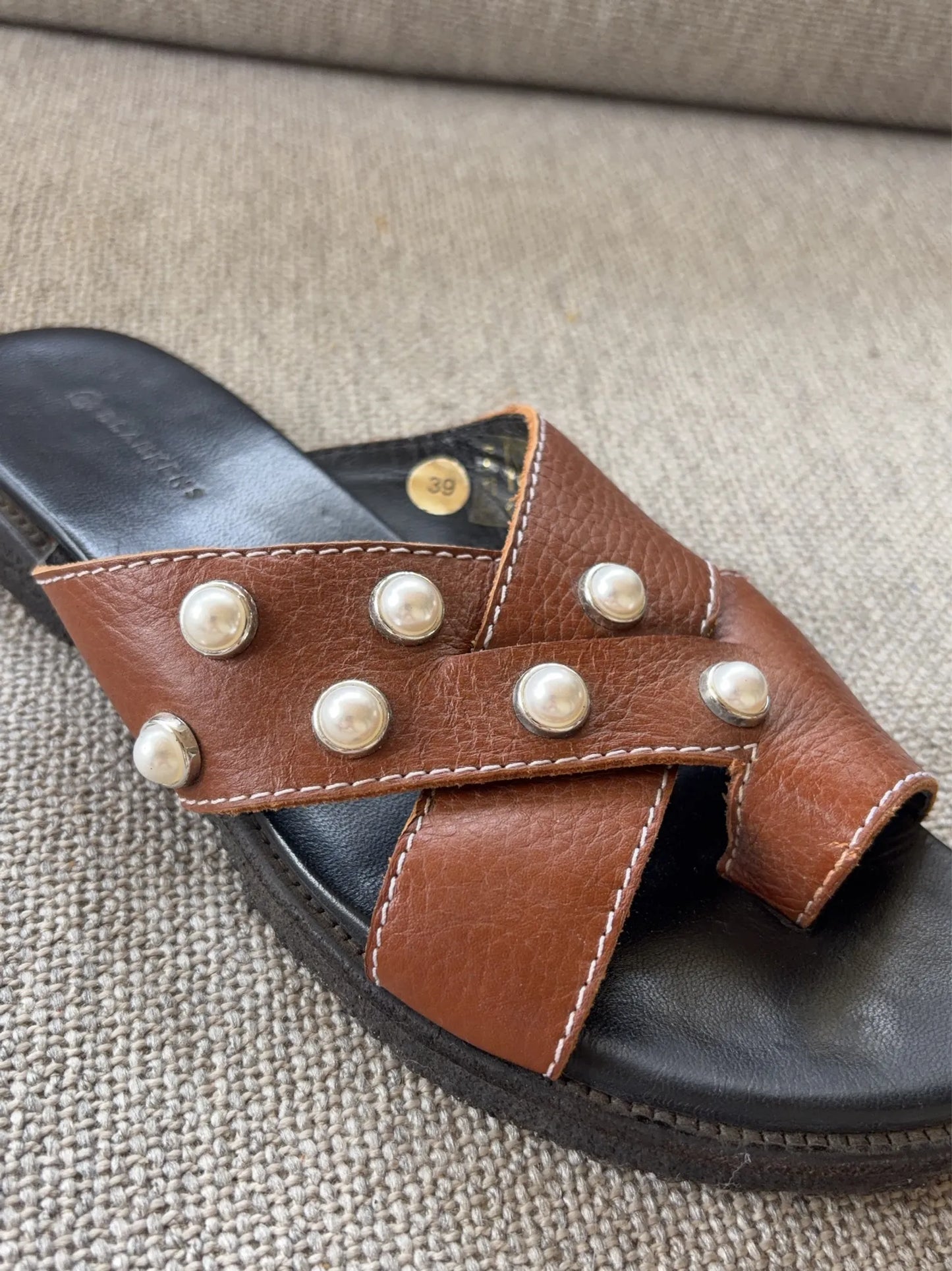 Blankens The Mette Brown Eco Leather With Pearls Sandals