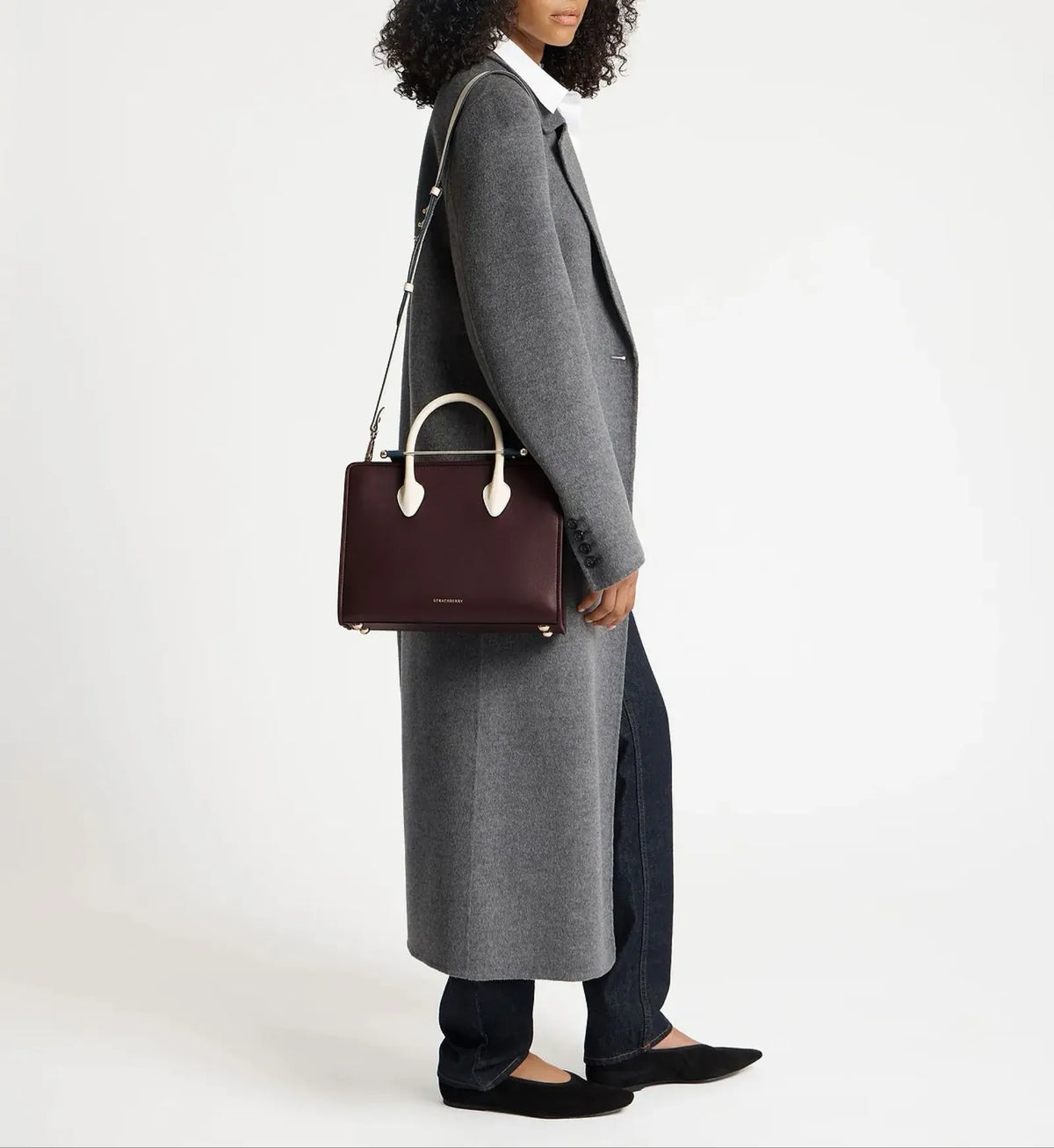 Strathberry Midi Tote Handle Tricolour Leather In Burgundy/vanilla/navy Handbag