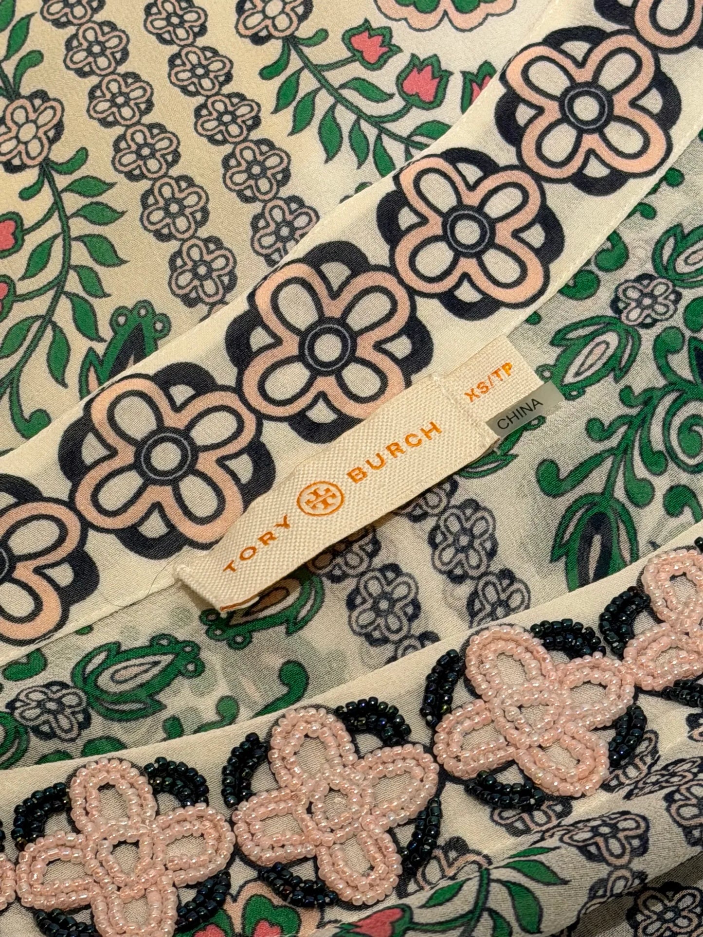 Tory Burch Garden Party Beaded Printed Silk Chiffon Maxi Dress