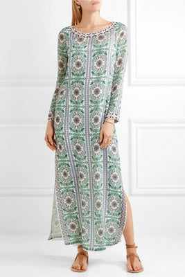Tory Burch Garden Party Beaded Printed Silk Chiffon Maxi Dress