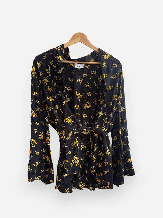 Ganni Black Floral Print Crepe Blouse