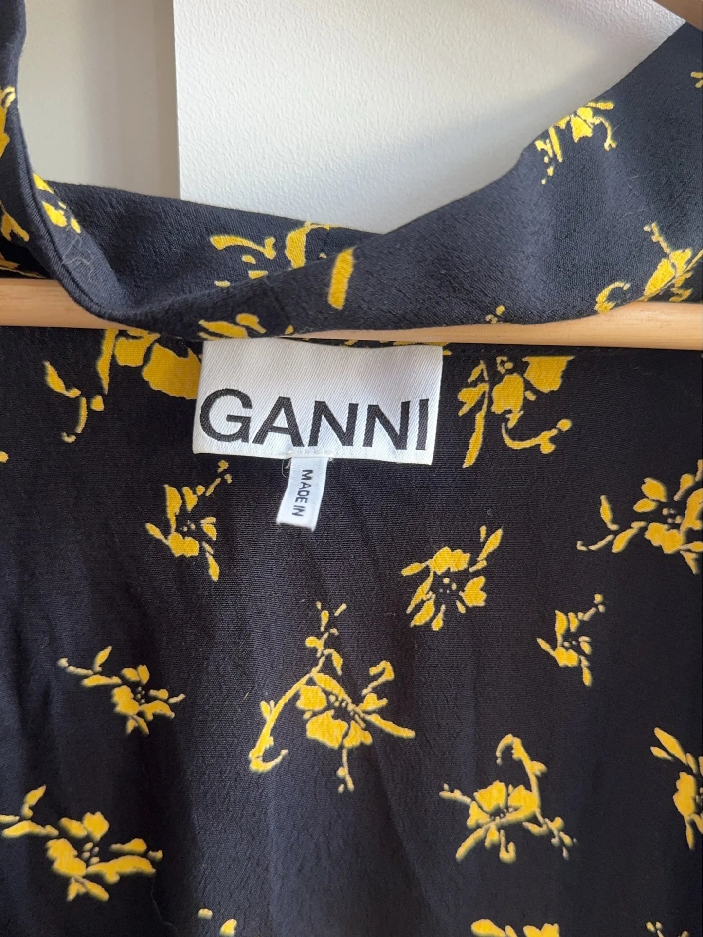 Ganni Black Floral Print Crepe Blouse