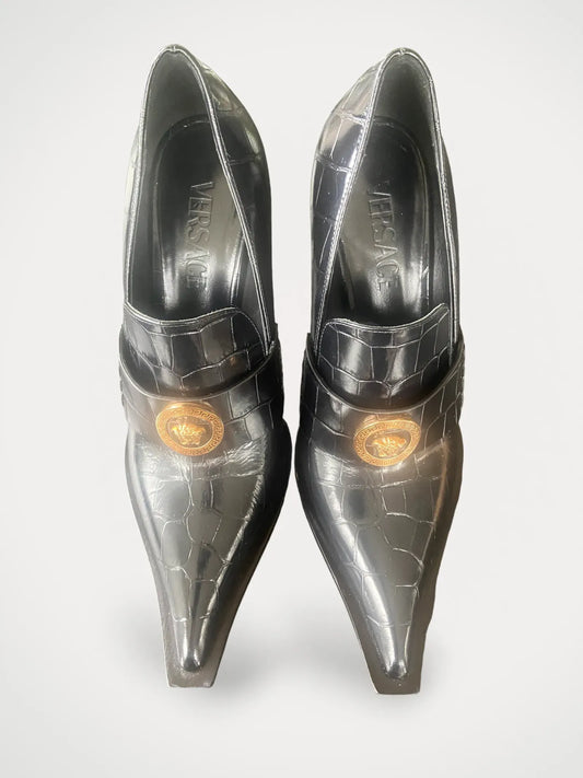 Versace 110 Calf Leather Black Gold Heels