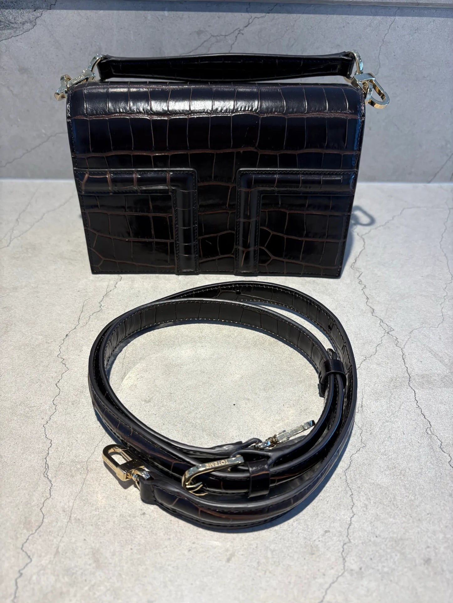 Toteme Mini T-flap Croco-embossed Dark Brown Clutch bag