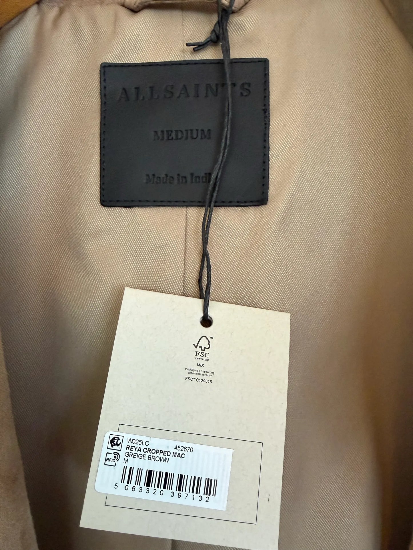 All Saints Reya Cropped Greige Brown Leather jacket