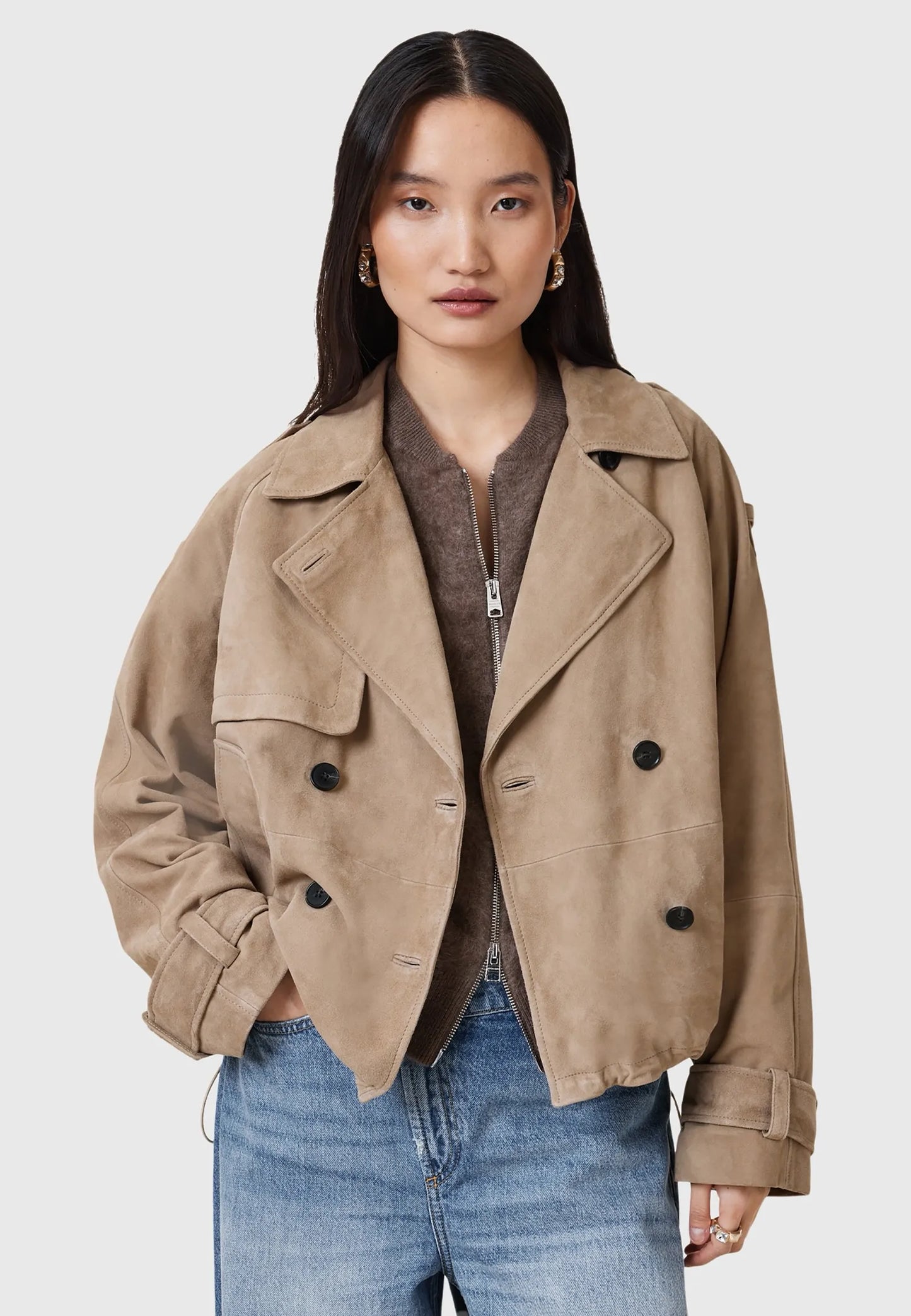 All Saints Reya Cropped Greige Brown Leather jacket
