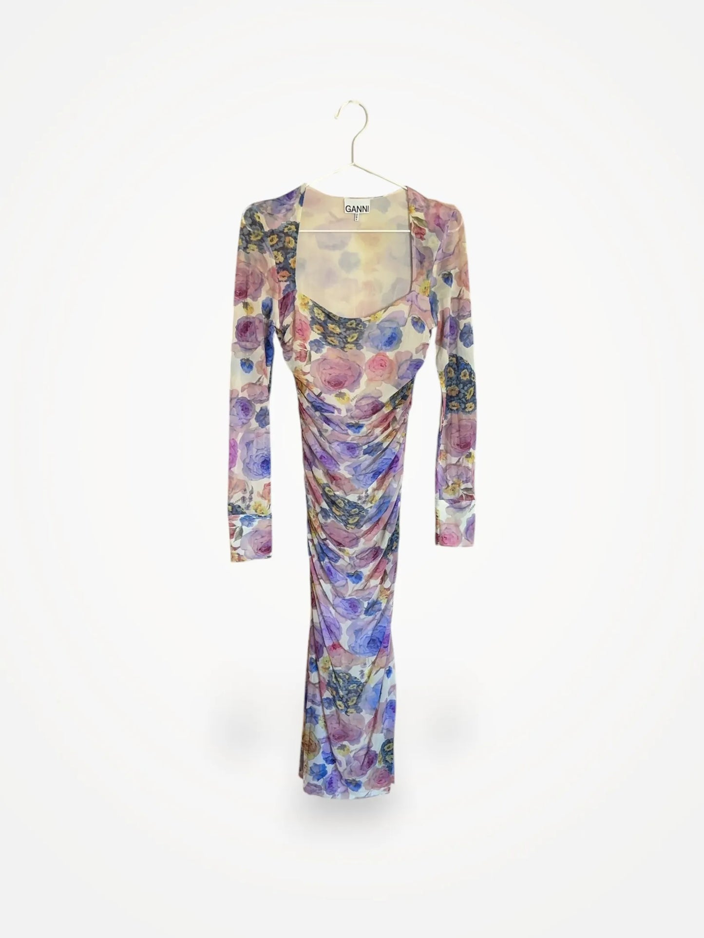 Ganni Printed Mesh Ruched Midi Dress