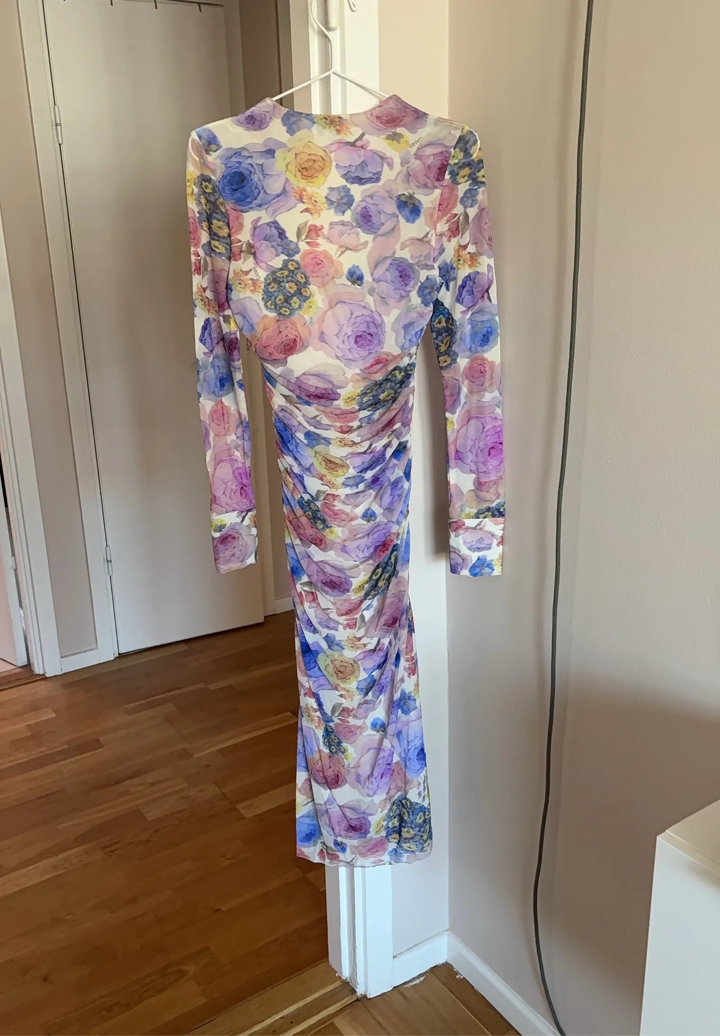 Ganni Printed Mesh Ruched Midi Dress