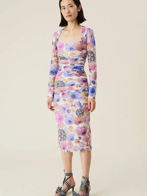 Ganni Printed Mesh Ruched Midi Dress