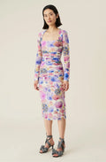 Ganni Printed Mesh Ruched Midi Dress
