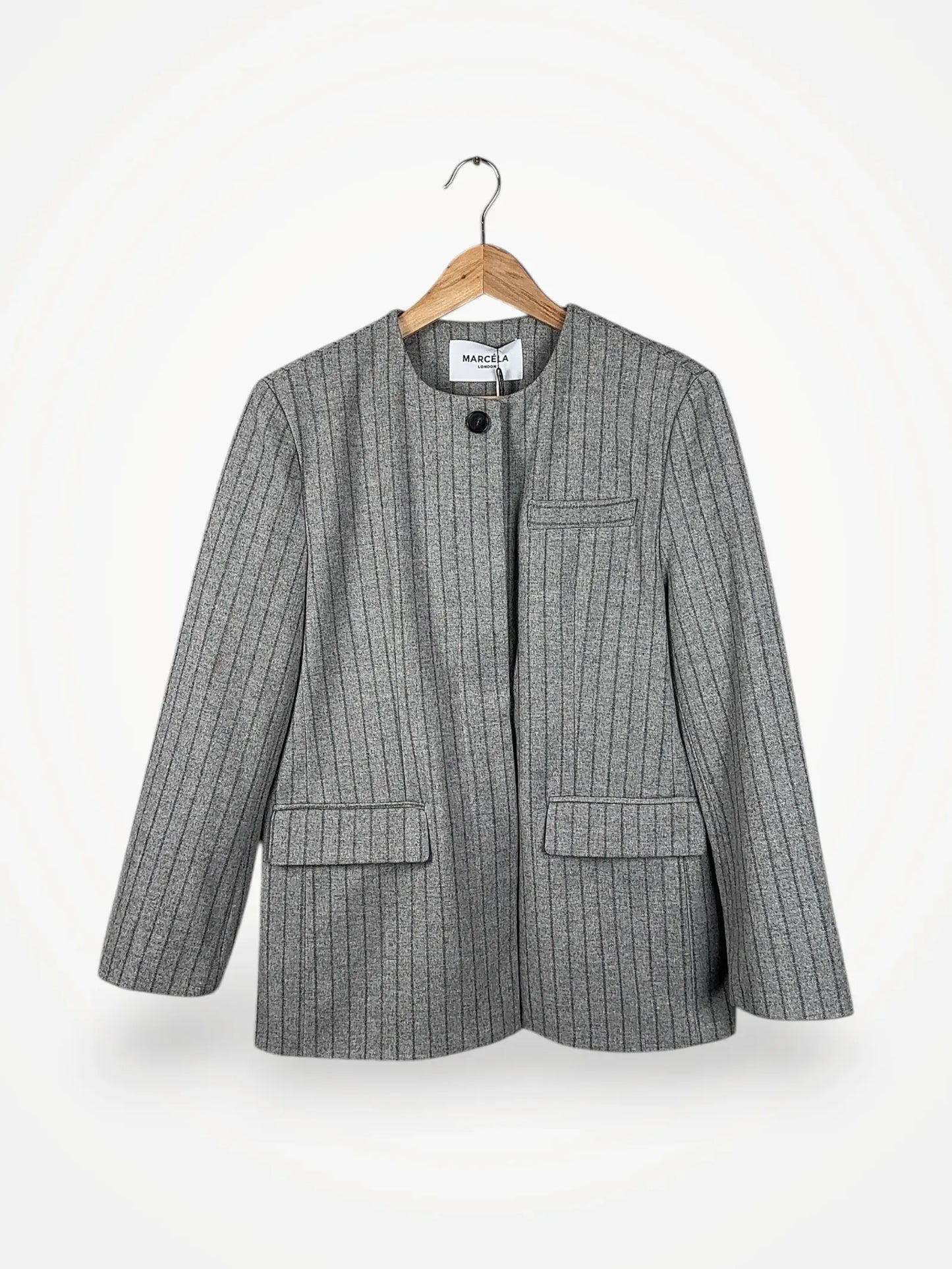 Marcéla Gal Wool Collarless Grey Pinstripe-ullkavaj