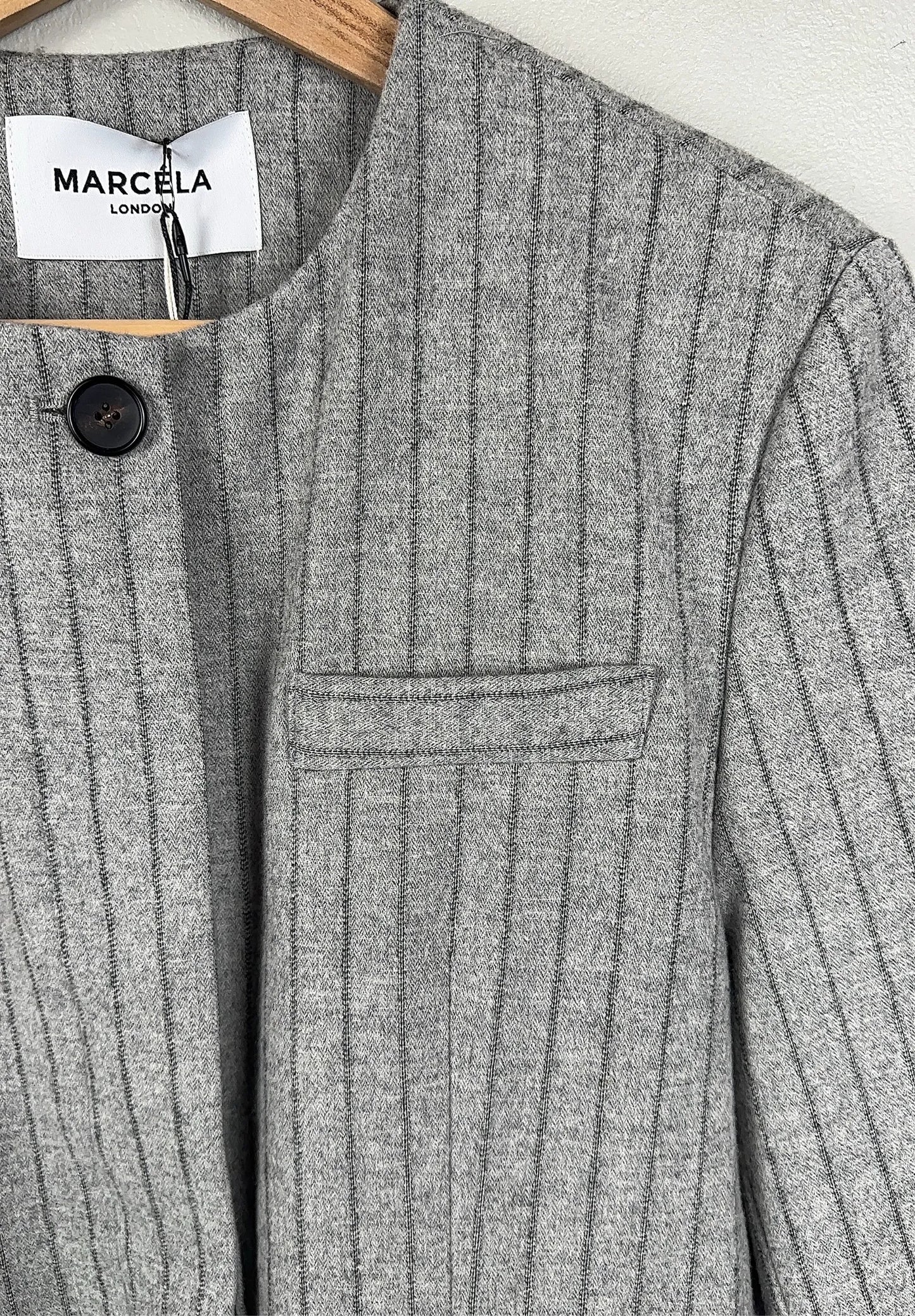 Marcéla Gal Wool Collarless Grey Pinstripe-ullkavaj