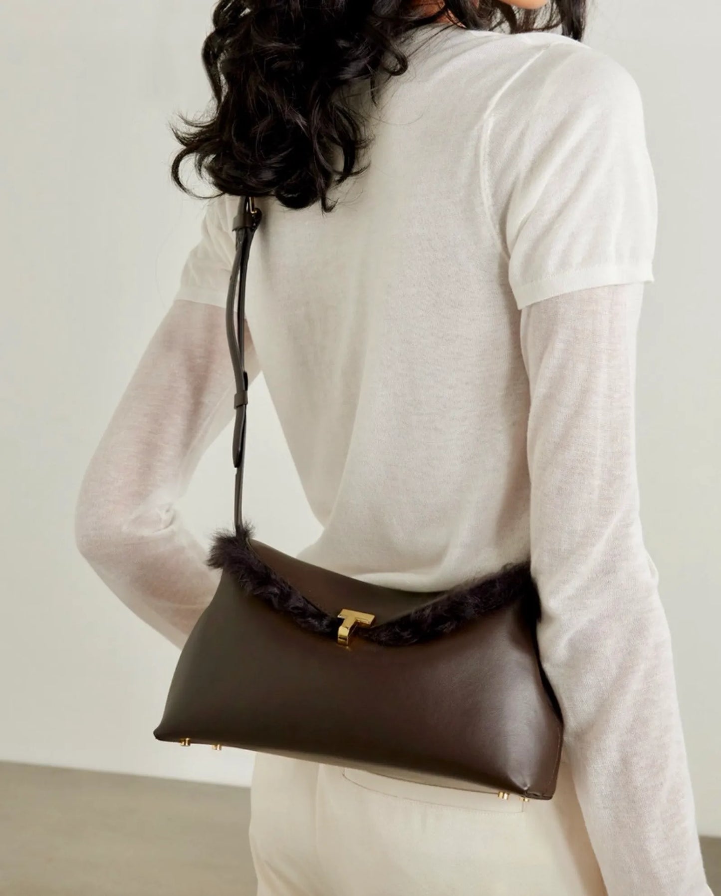 Toteme T-lock Shearling Col Bark Handbag