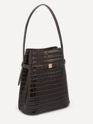 Toteme Croco-embossed Bucket In Dark Brown-skinnaxelremsväska