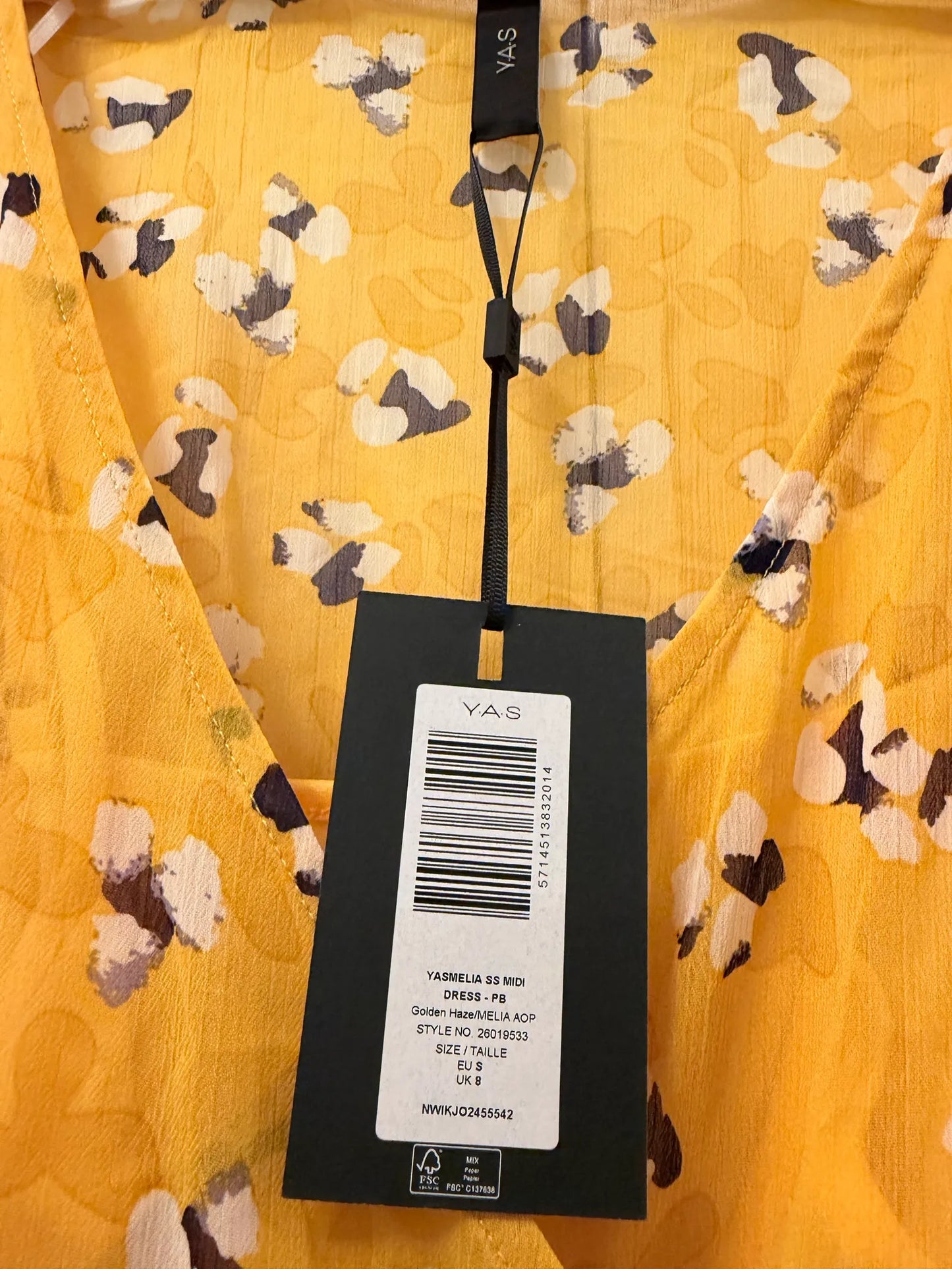 YAS Yasmelia Ss Golden Haze Midsummer-klänning NWT