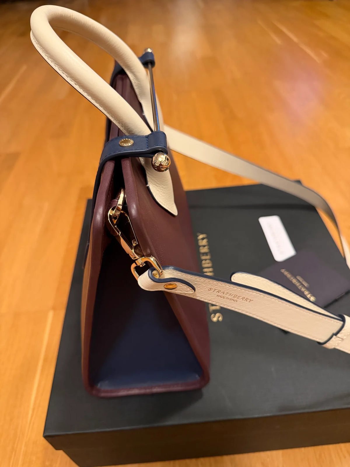 Strathberry Midi Tote Handle Tricolour Leather In Burgundy/vanilla/navy Handbag