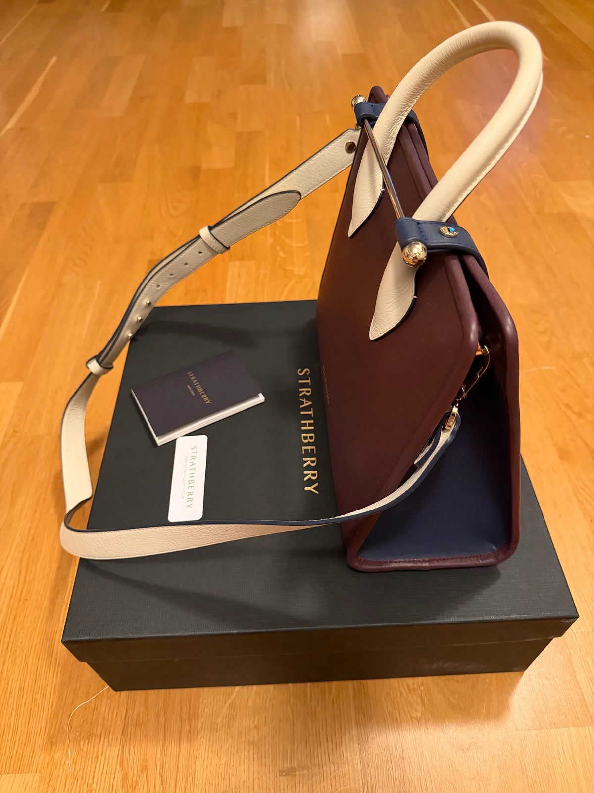 Strathberry Midi Tote Handle Tricolour Leather In Burgundy/vanilla/navy Handbag