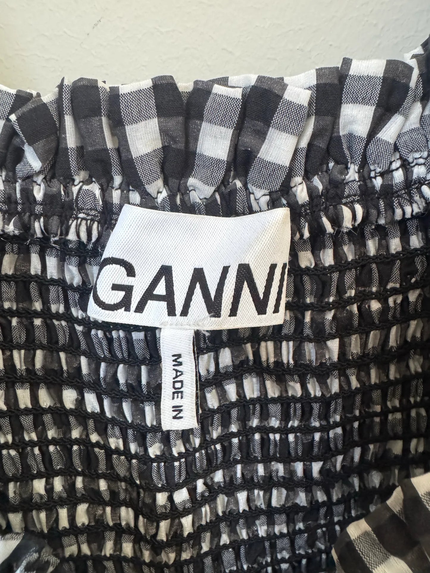 Ganni Seersucker Check Smocked Dress