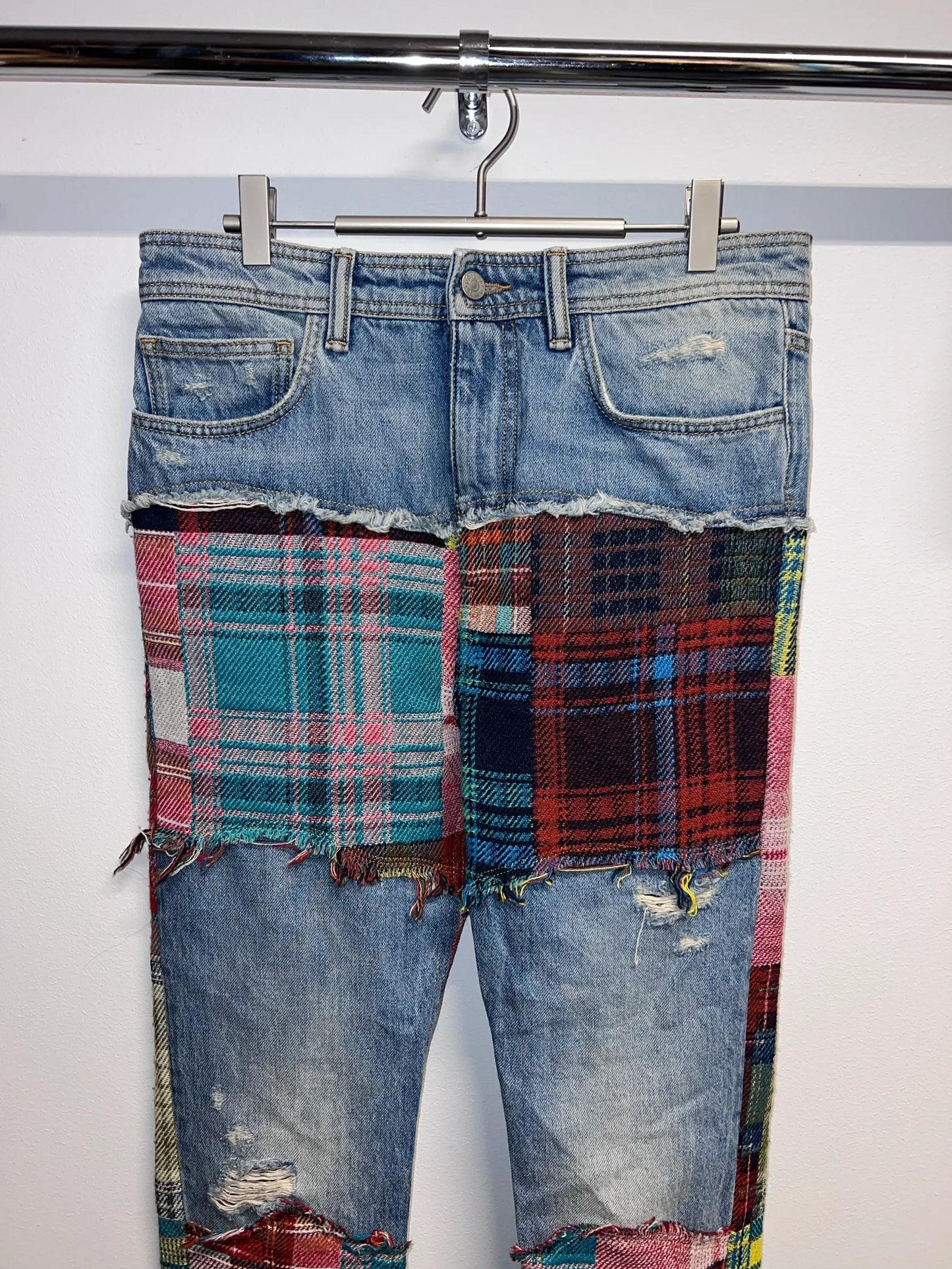 Acne Studios Denim Tartan Patchwork In Mid Blue-jeans NWOT