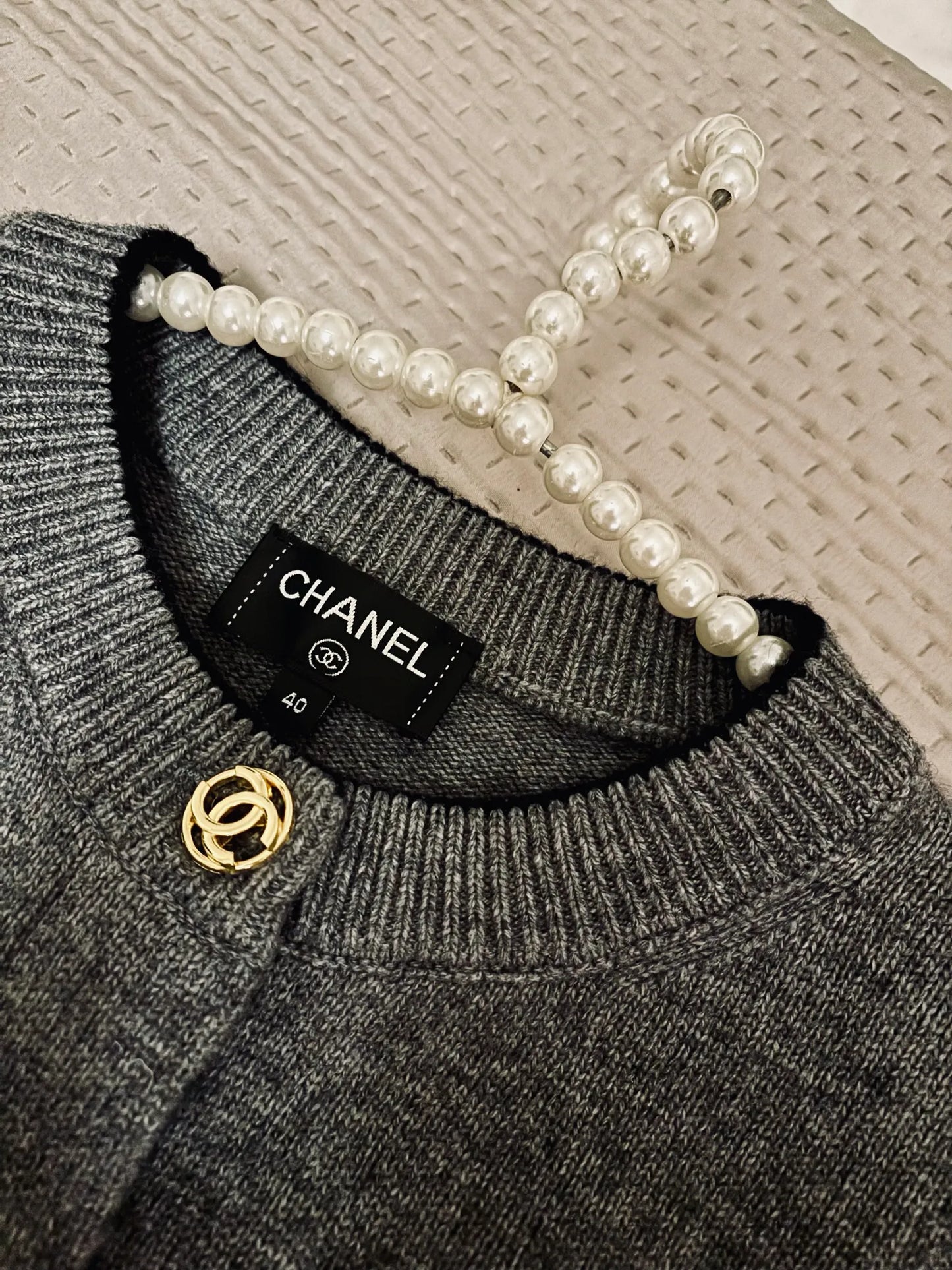 Chanel Grey Cashmere Knit With Gold Hardware Cardigan