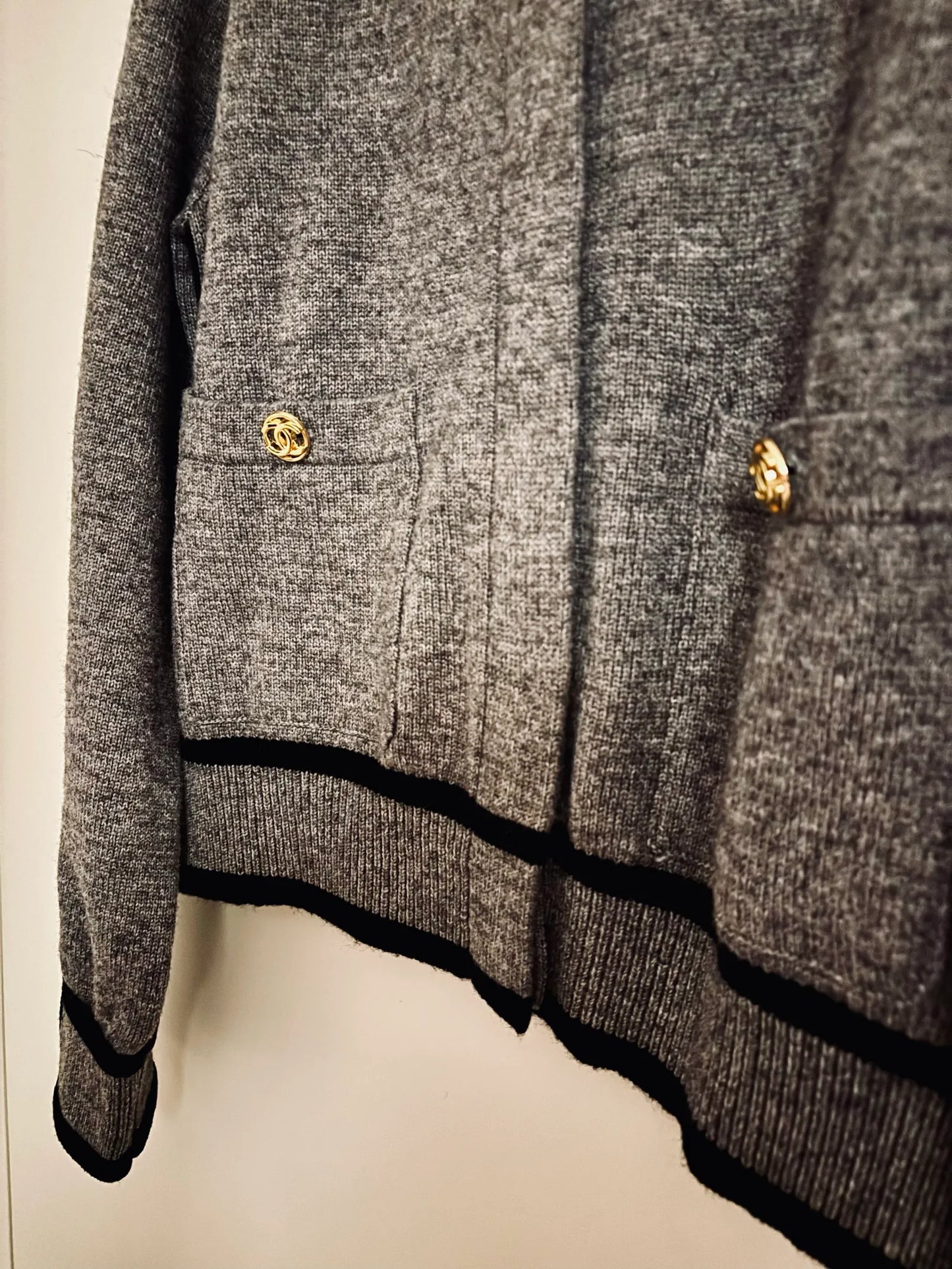 Chanel Grey Cashmere Knit With Gold Hardware Cardigan