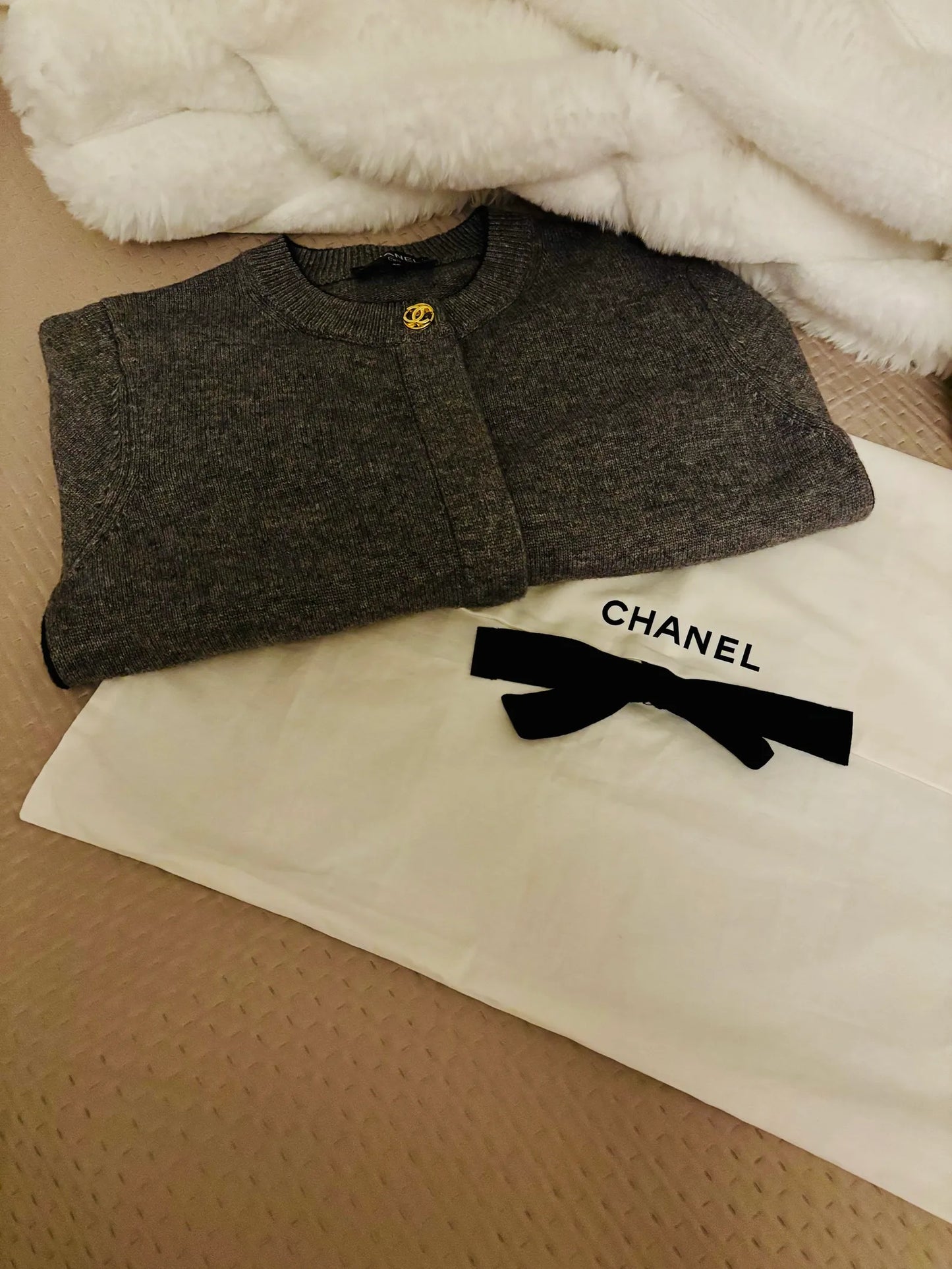 Chanel Grey Cashmere Knit With Gold Hardware Cardigan
