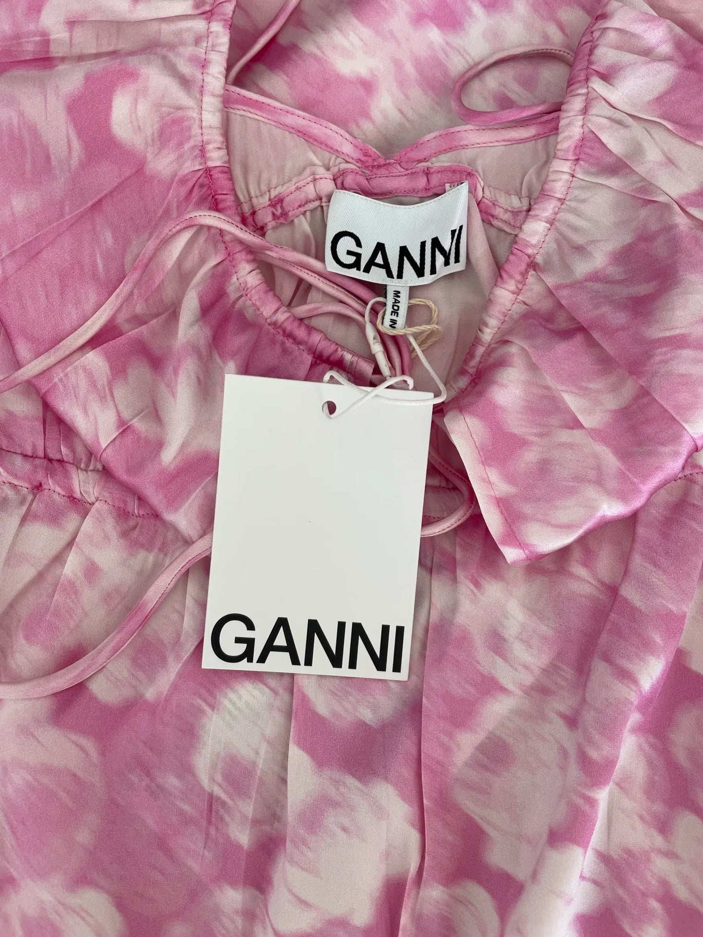Ganni Tie-detailed Printed Silk-blend Satin Midi-sidenklänning NWT