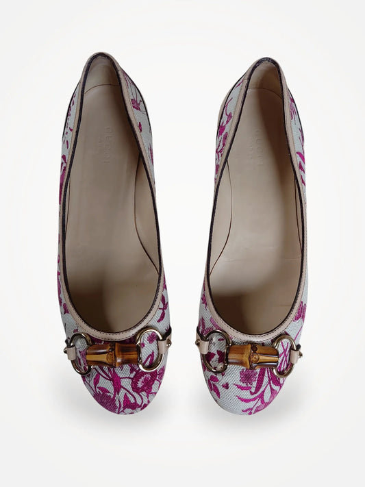 Gucci Floral Canvas Horsebit Bamboo Ballerinas Ballet flats