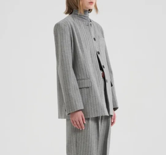 Marcéla Gal Wool Collarless Grey Pinstripe-ullkavaj