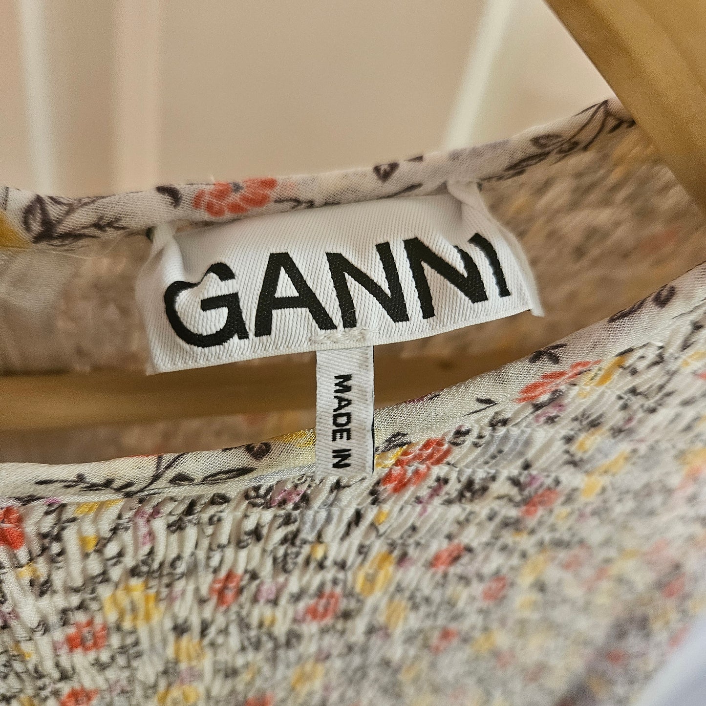 Ganni Georgette Floral Print Smocked Mini Dress