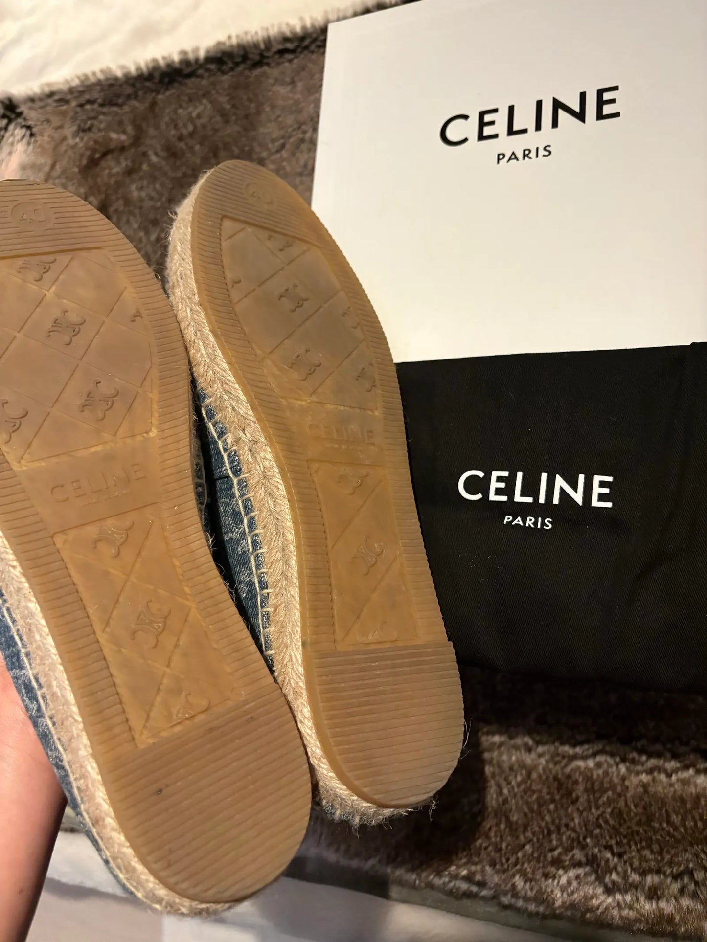 Céline Triomphe Stamped Denim Ballet flats