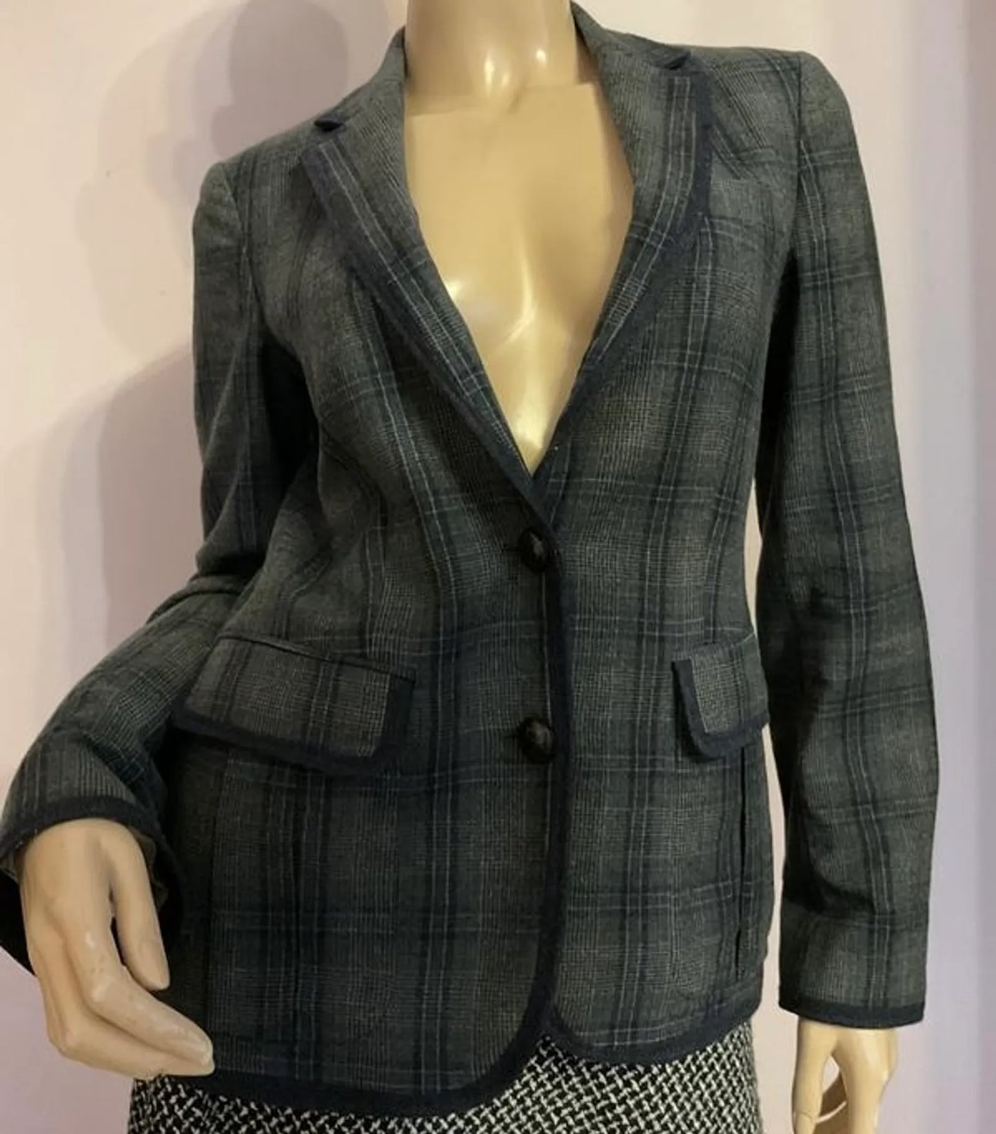 Massimo Dutti Gray Checked Wool Blazer