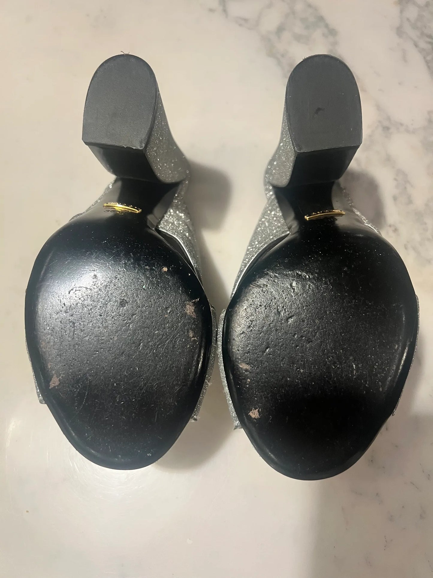 Gucci Silver Glitter Webby Slide Heels