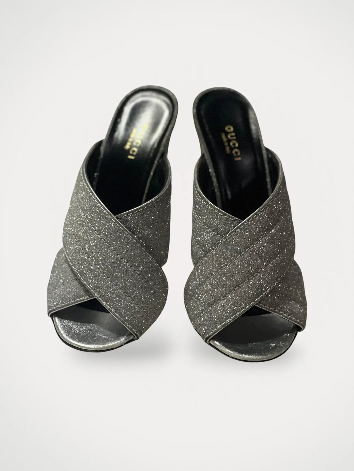 Gucci Silver Glitter Webby Slide Heels