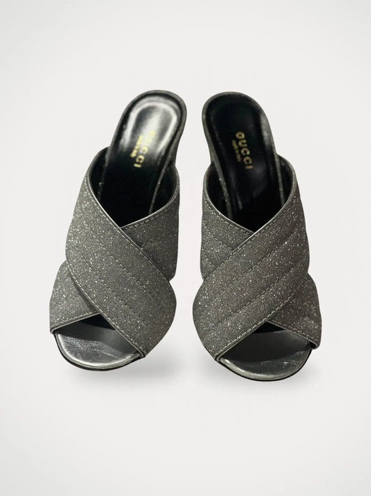 Gucci Silver Glitter Webby Slide-skinnklackar