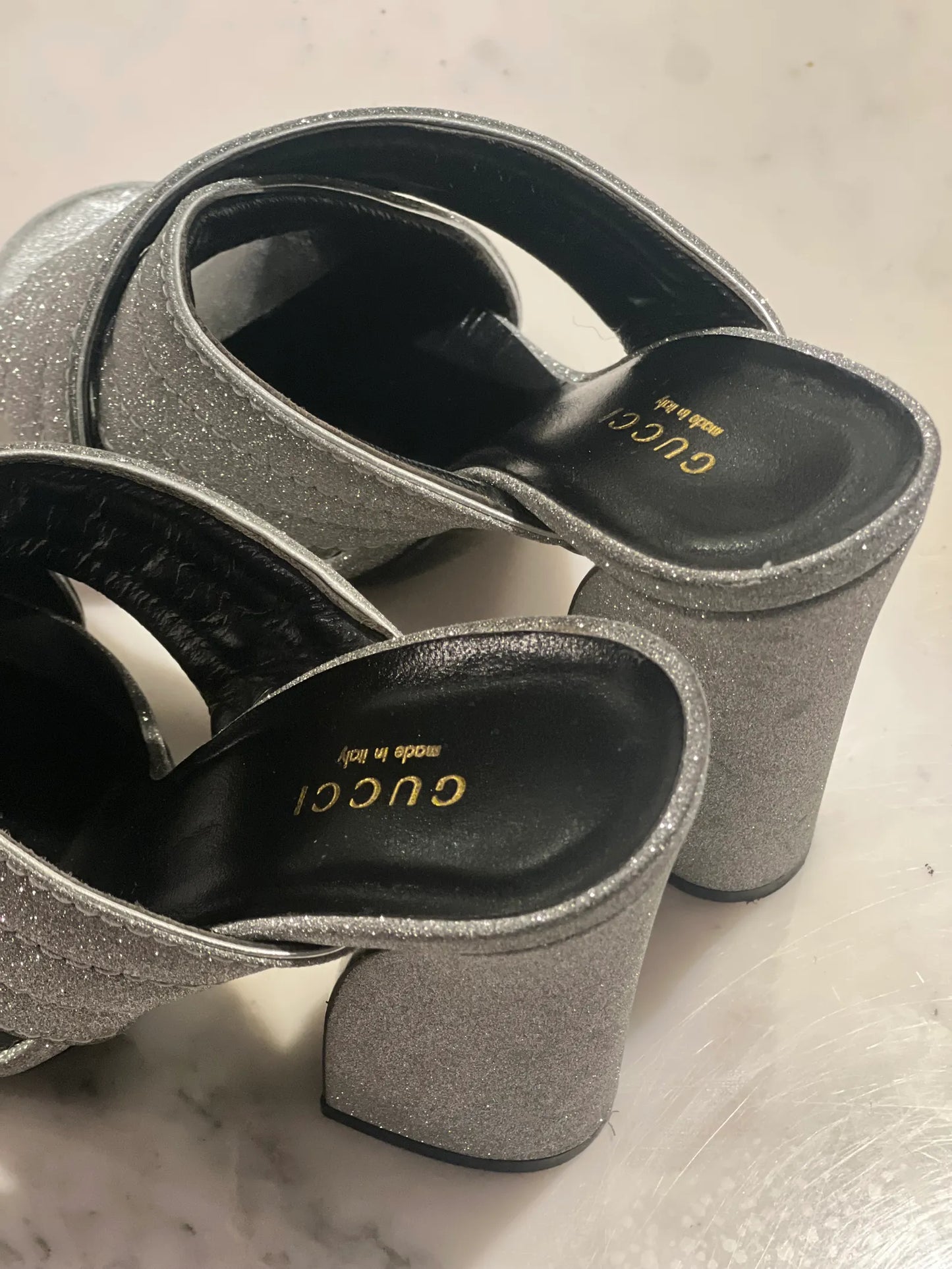 Gucci Silver Glitter Webby Slide Heels