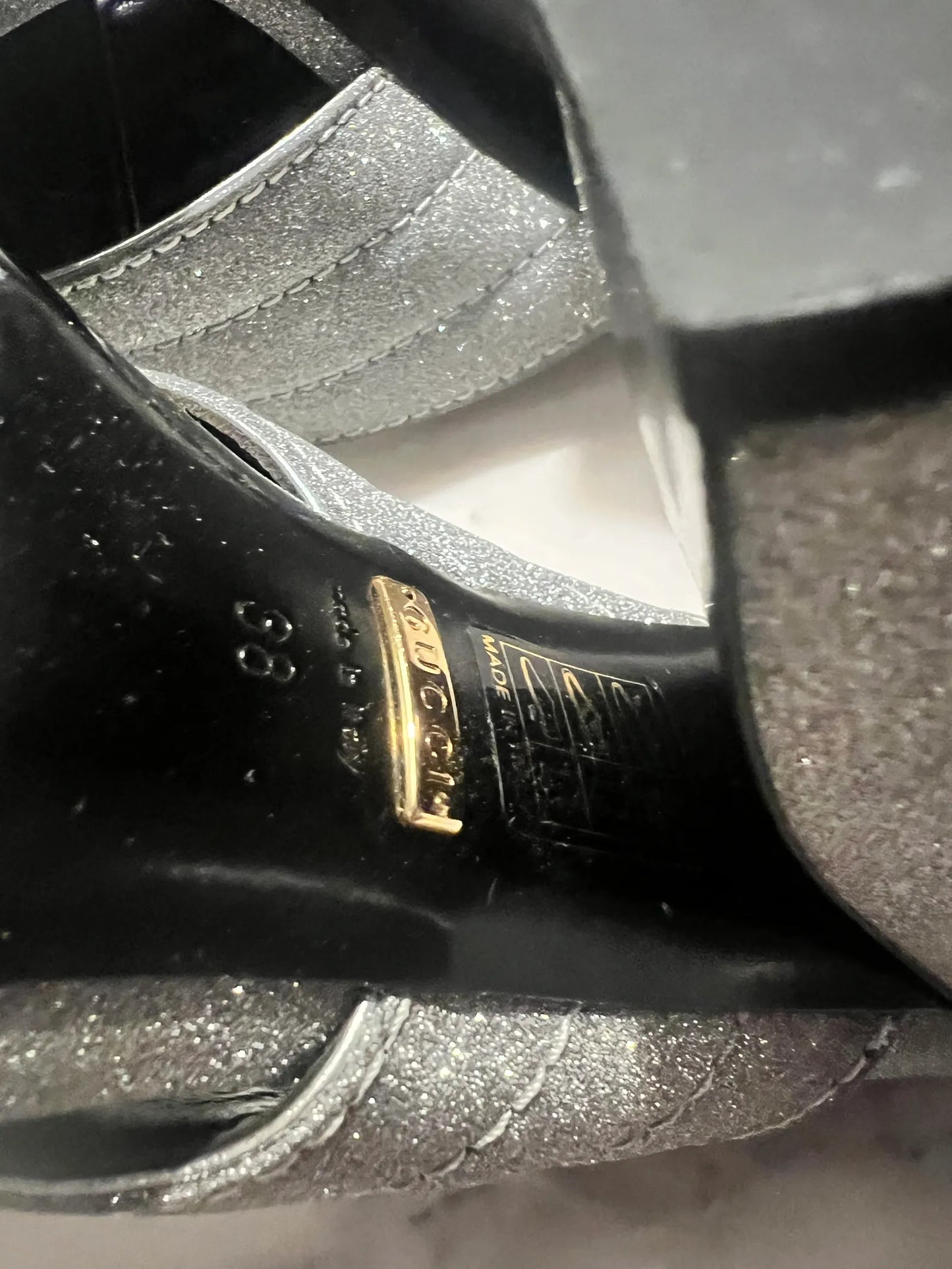 Gucci Silver Glitter Webby Slide Heels