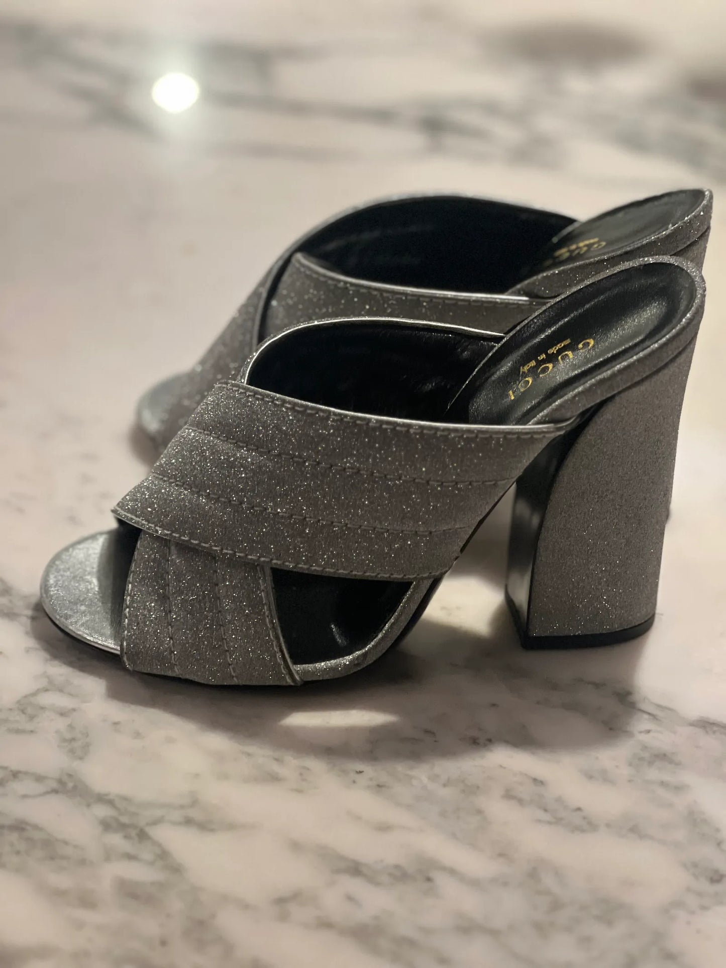 Gucci Silver Glitter Webby Slide Heels