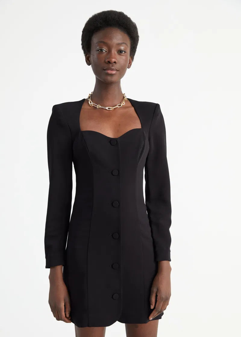 & Other Stories Buttoned Sweetheart Padded Shoulder Mini Dress