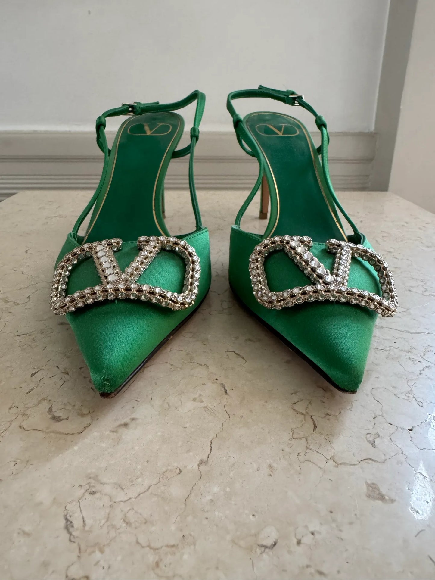 Valentino V Logo Crystal Sling Back Satin 80mm Heels