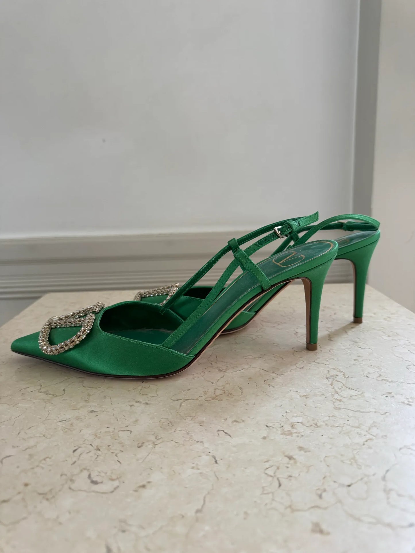 Valentino V Logo Crystal Sling Back Satin 80mm Heels