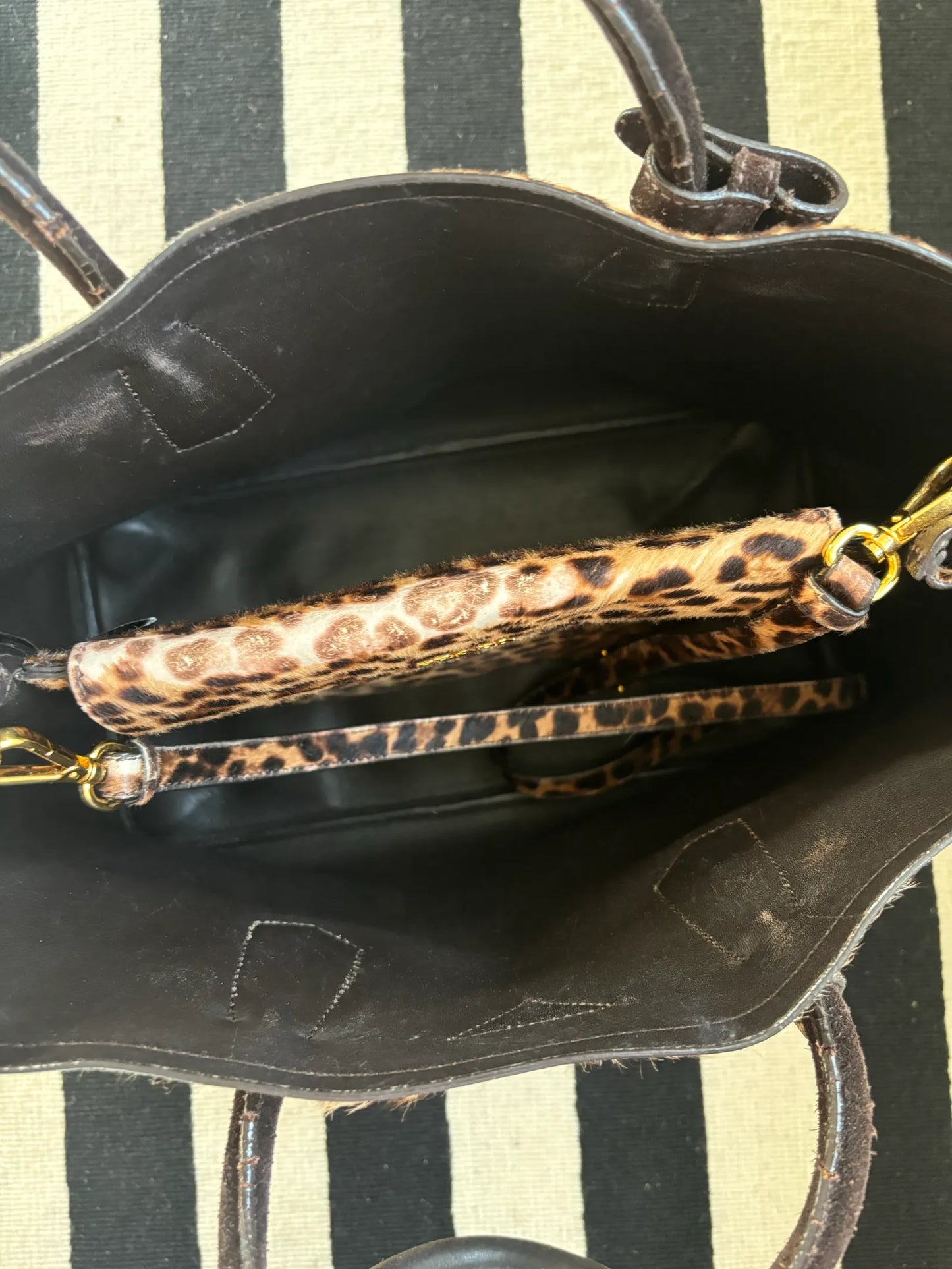 Prada Large Double Fur Leopard Tote-axelremsväska