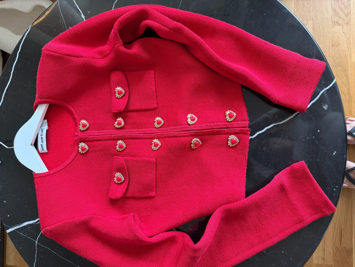 Self-Portrait Red Knit Heart Buttoned-kofta