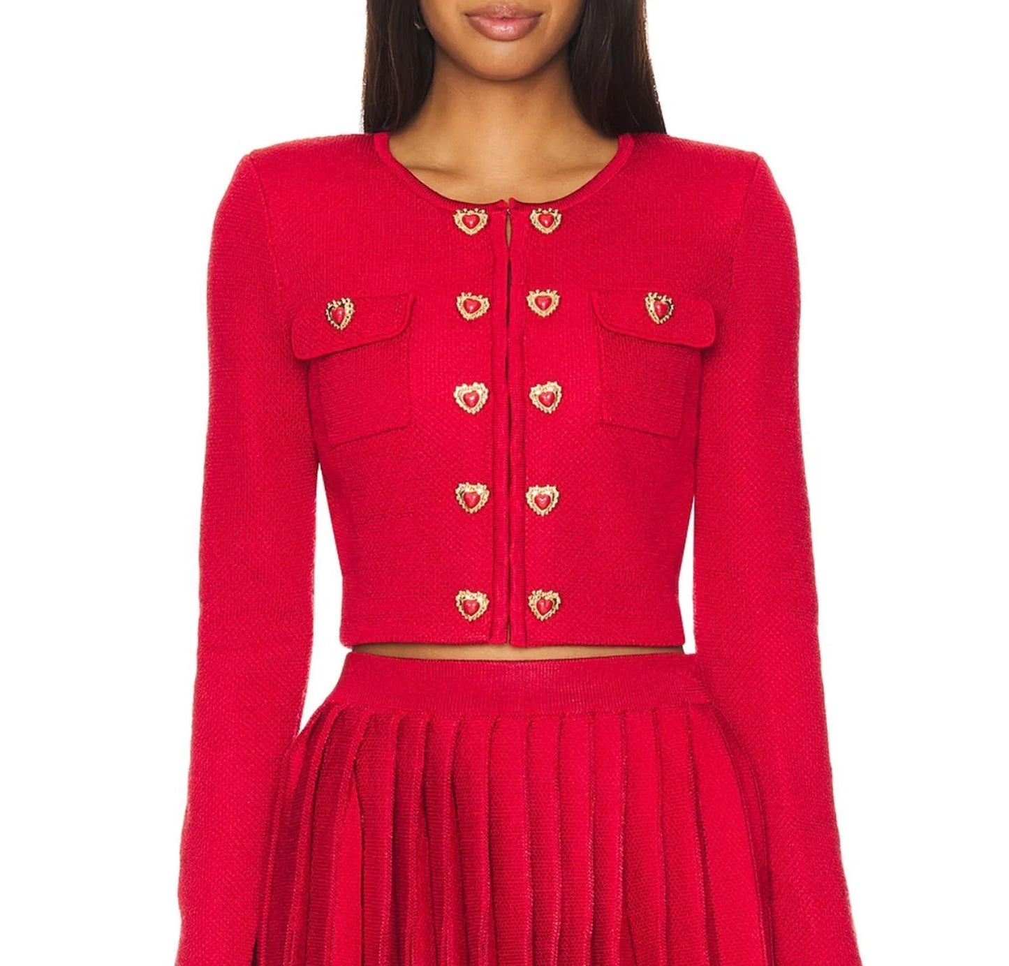 Self-Portrait Red Knit Heart Buttoned-kofta